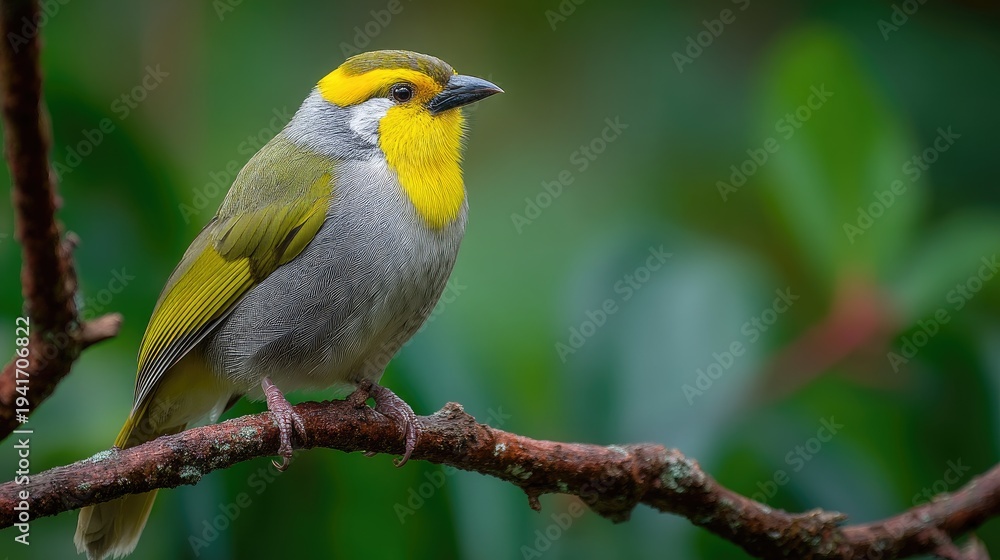 Fototapeta premium A yellow and gray bird perched on a branch with green leaves in the background.