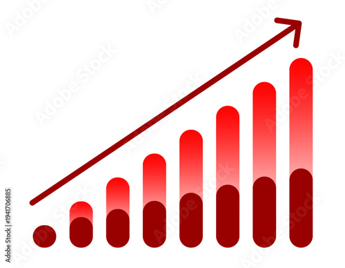 Gradient red business growth bar chart with upward trend arrow: concept for financial success, profit increase, and corporate progress.