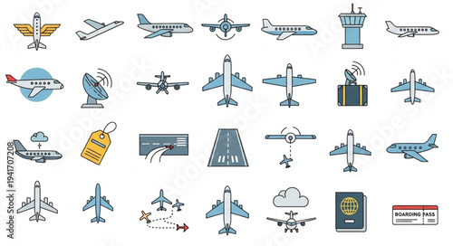 Collection of Aviation and Air Travel Related Vector Icons.