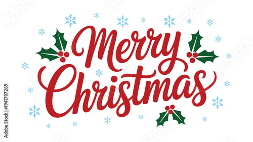 Festive lettering displays merry christmas with holly and snowflakes