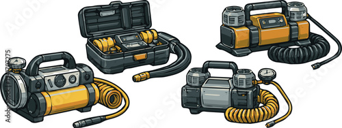 Portable car air compressor and tire inflator set vector, vehicle pump tools with hose gauge