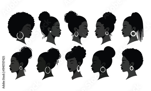 Set of African American Woman Silhouettes with Natural Hairstyles