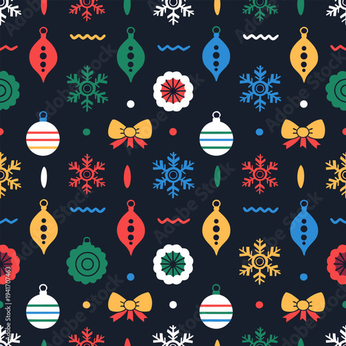 Seamless Festive Christmas Ornament Pattern with Modern Flat Snowflakes and Colorful Baubles for Seasonal Gift Wrapping and Holiday Branding Backgrounds