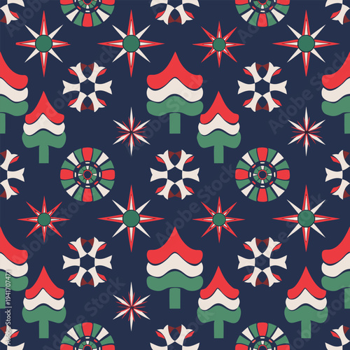 Seamless Festive Christmas Ornament Pattern with Modern Flat Snowflakes and Colorful Baubles for Seasonal Gift Wrapping and Holiday Branding Backgrounds