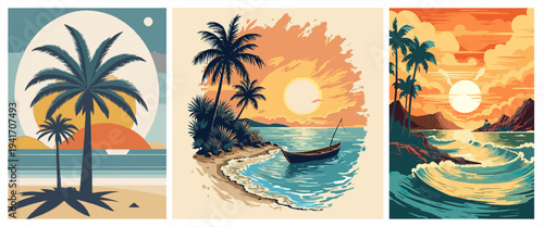 Tropical beach landscape triptych: palm trees, sunset over the ocean, and wooden boat.