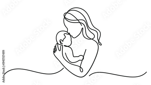 A continuous line drawing depicts a mother tenderly holding her baby