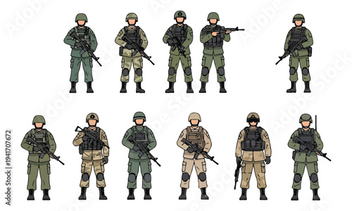 Flat illustration set of military soldiers in tactical gear