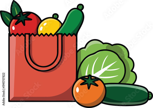 Minimalist grocery shopping bag with fresh vegetables illustration including lettuce, tomato, cucumber and egg in clean flat vector style