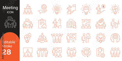 Business People HR Outline Vector Icon Set – Employee, Team, Recruitment, Management, Meeting, Organization, Leadership, Workforce UI Web App Editable Stroke