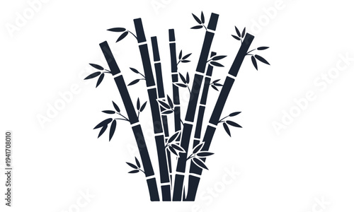 Black Bamboo Stalks and Leaves Silhouette Isolated on White