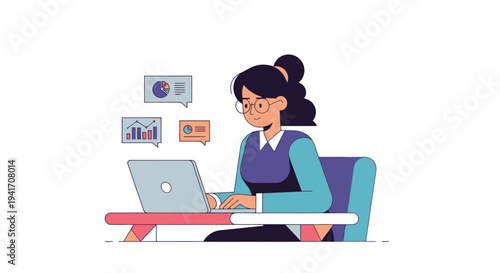 Woman Working on Laptop at Desk.