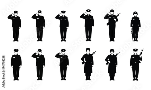 Set of Military Soldier Silhouettes in Various Poses