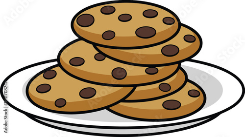 Minimalist cartoon chocolate chip cookies stack on white plate illustration with golden brown biscuits in clean flat vector style