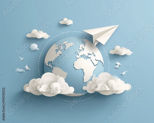 Paper art-style world globe with paper plane and clouds vector illustration on a blue background, flat design.