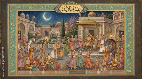 Festive Gathering: A vibrant, detailed illustration depicts a joyous celebration, possibly a cultural or religious festival, with numerous figures in traditional attire gathered in a lush.