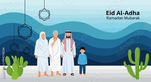 Family standing together in traditional attire celebrating Eid Al-Adha in a serene desert landscape with cacti