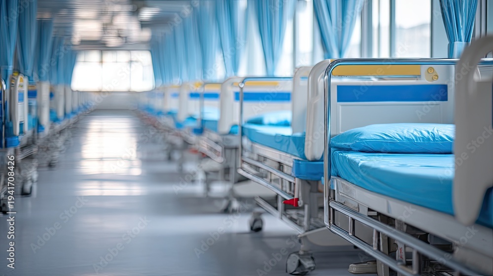 Naklejka premium Empty hospital beds in a sterile room with blue curtains.