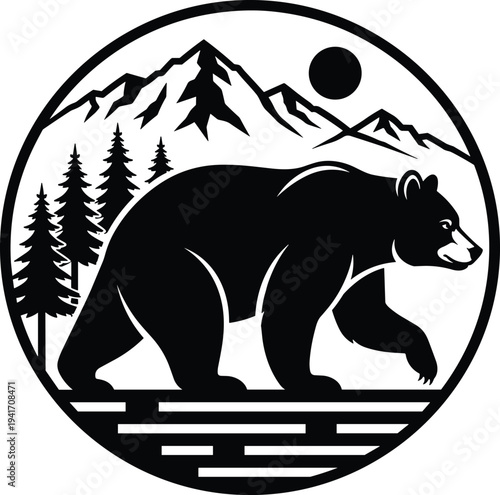 Black Silhouette Bear Walking in Mountain Landscape Circle Logo grizzly animal