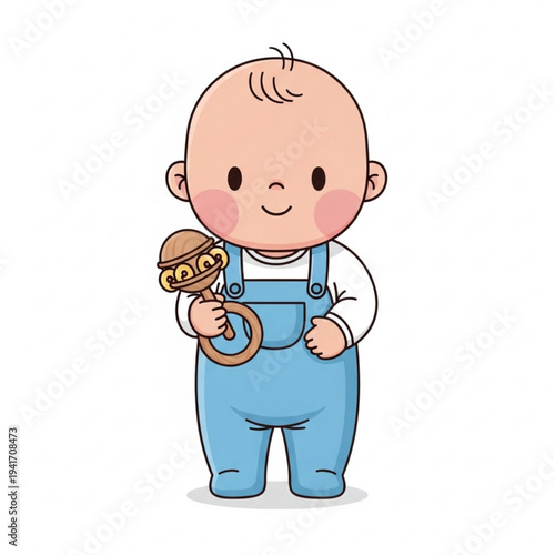 Cute baby boy holding wooden rattle toy while standing in blue overalls  
