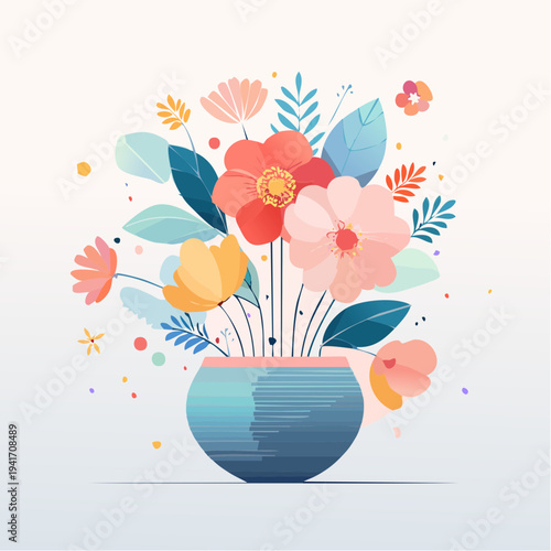 Vibrant floral bouquet in a ceramic vase, delicate petals and leaves, soft pastel colors