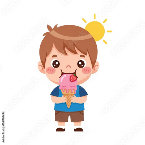 Young boy happily eating ice cream cone on sunny day  