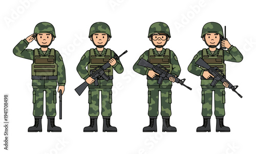 Soldiers in green military uniforms standing.