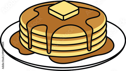 Minimalist cartoon stack of pancakes with butter and syrup on plate in clean flat breakfast food vector illustration