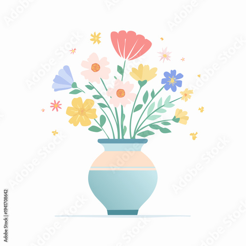 Vibrant flat design illustration of a charming spring flower bouquet in a decorative vase, symbolizing freshness and joy