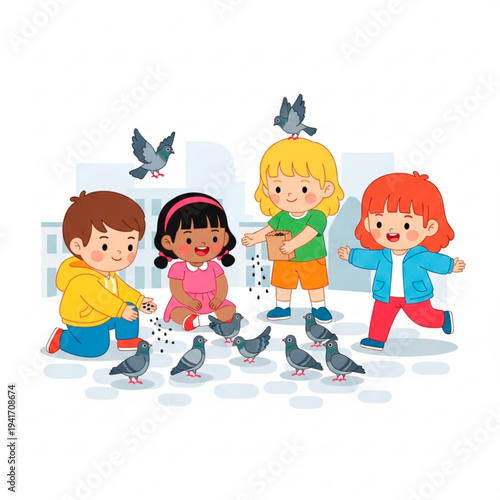 Four children feeding pigeons in city square during daytime  