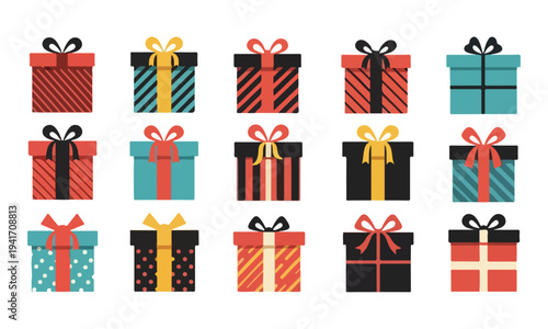 Colorful wrapped presents in rows.