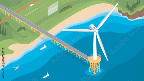 An illustration of a wind turbine on a bridge over water with a soccer field in the background