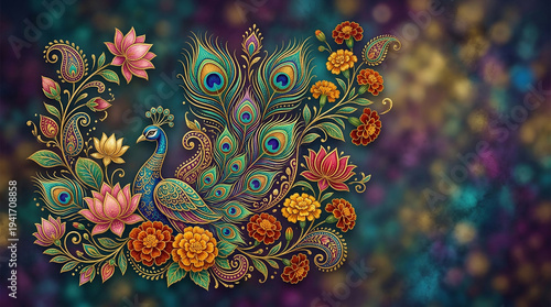 Peacock and Floral Delight: A resplendent peacock is central to a stunning floral arrangement, exuding an aura of elegance and grace, while showcasing a tapestry of vibrant colors.