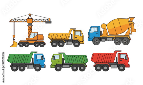 Colorful trucks and construction vehicles.