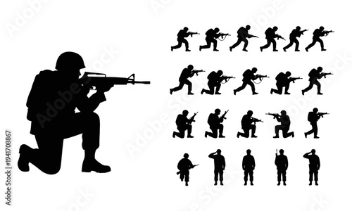Silhouette of a soldier aiming a rifle with a collection of various soldier poses and actions.
