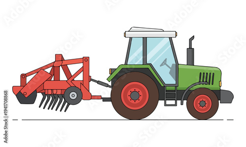 Green farm tractor with red cultivation equipment illustration