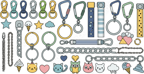 Keychain and carabiner accessories vector collection with cute animal charms chains rings and colorful key holder designs