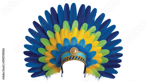 Vibrant blue and yellow feathered tribal headdress with green accents and gold details