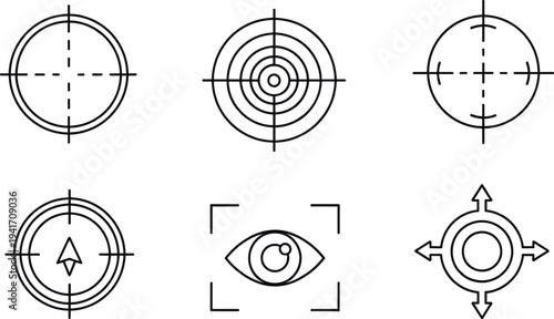 Target Crosshair, Focus Aim, Eye Tracking, and Navigation Direction Line Icon Set for UI Interface and Design