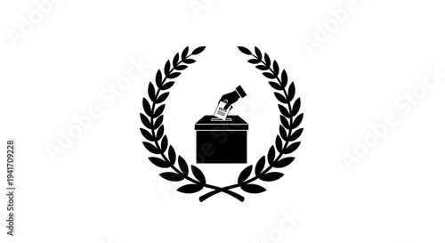 Black and White Illustration of a Ballot Box and Hand Casting Vote within Laurel Wreath