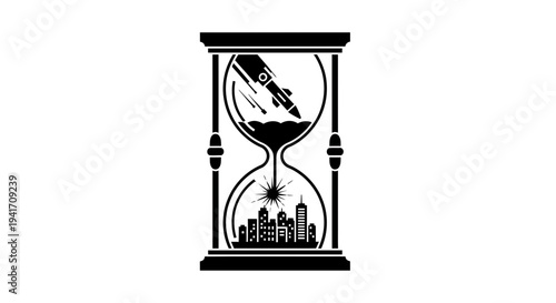 Hourglass with a rocket blasting off above a cityscape, symbolizing progress and the passage of time