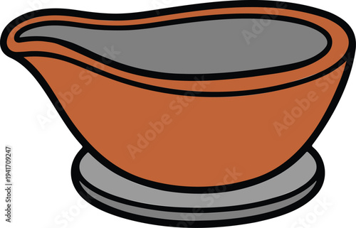 Minimalist gravy boat illustration with terracotta exterior and gray interior on base in clean flat kitchenware vector style