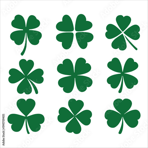 Green Four Leaf Clover Icon Set For St Patrick Day