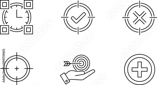 Target Focus and Goal Achievement Line Icon Set Featuring Checkmark Success, Cancel Cross, Time Tracking, and Precision Aim