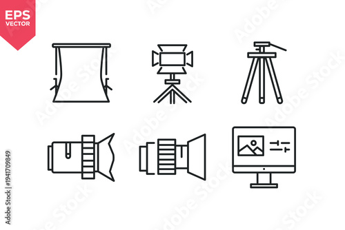 Set of line icons related to tripod, lighting, lenses, photo editor, background stand. Editable stroke. Vector illustration
