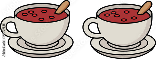 Minimalist cartoon teacup and saucer with red tea and wooden spoon in clean flat beverage vector illustration style