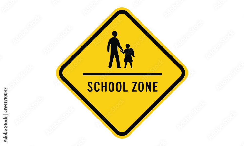 Obraz premium Yellow School Zone Warning Sign with Pedestrian Pictogram