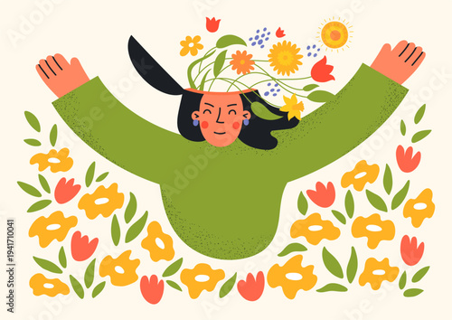 Spring. Happy woman among flowers with flowers growing from her head.