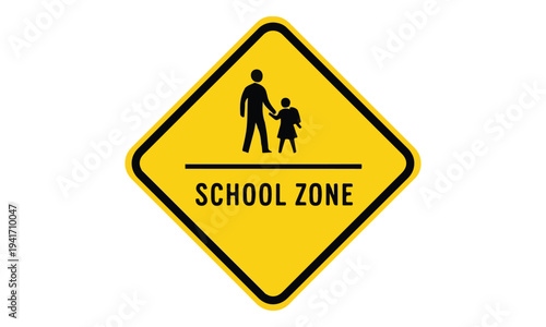 Yellow School Zone Warning Sign with Pedestrian Pictogram