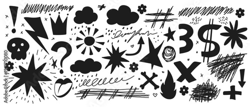 Abstract hand drawn elements punk graffiti doodles and swirls of different shapes, Smileys crown stars arrows and various symbols drawn with chalk or pencil, Vector elements isolate.