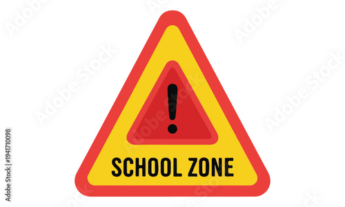 Triangular School Zone Warning Sign Icon on White Background
